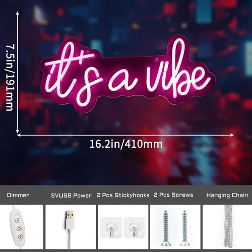 Miniatura 2 de Letreros de neón con texto en inglés "It's a Vibe", luz de neón para dormitorio, decoración de pared LED USB regulable para el día de San Valentín