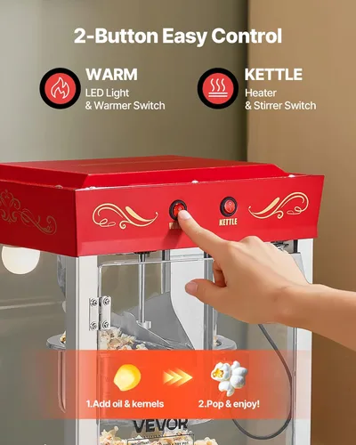 Miniatura 5 de Máquina de palomitas VEVOR, hervidor de acero inoxidable de 8 oz, máquina de hacer palomitas comercial de 800W para mostrador, estilo teatro con Rojo
