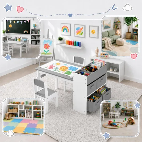 Miniatura 9 de Arlopu - Juego de mesa y 2 sillas de arte para niños, mesa de actividades de madera para niños de gran tamaño, escritorio de dibujo robusto con gran