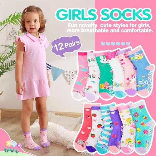 Miniatura 2 de Welwoos Calcetines de algodón transpirable para bebés y niñas pequeñas, 12 pares de calcetines antideslizantes antideslizantes de animales