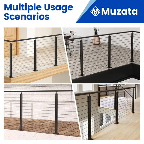 Miniatura 6 de Muzata Paquete de 4 postes de barandilla de cable negro de 42 pulgadas, 42 x 2 x 2 pulgadas, montaje en superficie perforada de nivel T304, kit