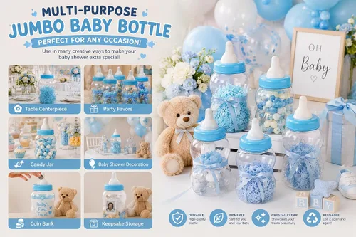 Miniatura 4 de Evershine Banco de biberones de plástico, banco de ducha de bebé rellenable azul de 13 pulgadas, centro de mesa de botella de plástico Jumbo Baby