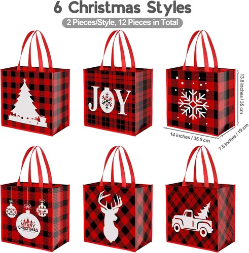 Miniatura 2 de Aneco 12 bolsas grandes reutilizables de Navidad rojas y negras no tejidas con asas, bolsas de regalo para suministros de fiesta, 14 x 13.8 x 7.5