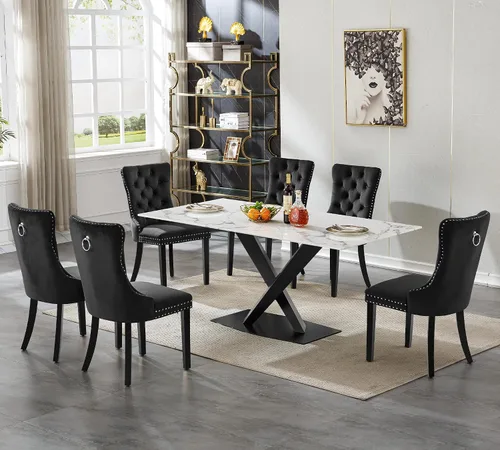 Miniatura 12 de Juego de mesa de comedor de mármol blanco para 4, 70 pulgadas, mesa de comedor de mármol blanco con 4 sillas de terciopelo beige y base de acero al