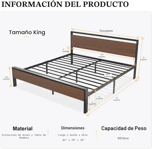 Miniatura 2 de SHA CERLIN Base de cama de plataforma de metal tamaño King de 14 pulgadas con cabecero y piecero de madera, base de colchón, no necesita somier