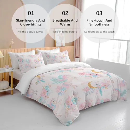 Miniatura 4 de BEDMUST Funda de edredón de unicornio tamaño individual, suave y lindo juego de ropa de cama de unicornio rosa con hojas de flores y pájaros azules