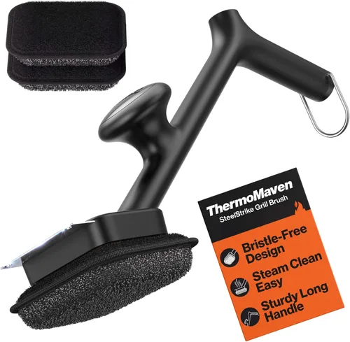 ThermoMaven Cepillo para Parrilla de BBQ Sin Cerdas - Cepillo Limpiador de Parrilla de Vapor Seguro de 17" con Raspador y 3 Cabezales de Cepillo