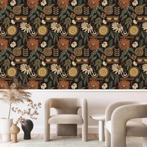 Miniatura 6 de Simon&Siff Papel tapiz bohemio para despegar y pegar, 17.3 x 1200 pulgadas, papel de contacto retro floral solar, papel de pared autoadhesivo Bronce