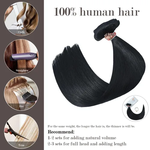 Miniatura 2 de Honsoo - Extensiones de cabello humano 100 % Remy con pinza, 7 unidades de 2.47 oz y 12 pulgadas, color negro azabache, corto y suave, sin costuras