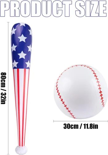 Miniatura 2 de EVERMARKET 2 unidades de bate inflable de béisbol y béisbol con bandera estadounidense, pelota de playa, regalos de fiesta temática deportiva