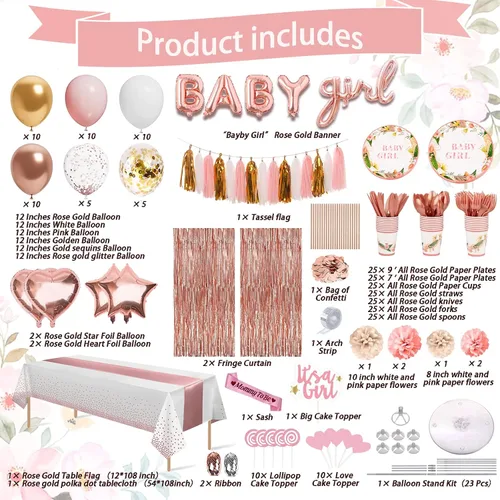 Miniatura 2 de Guudmua 303 piezas de decoración de baby shower para niña, kit de decoración de baby shower para niña, juego de vajilla desechable con flores de oro