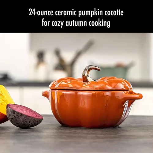 Miniatura 2 de STAUB Calabaza Pequeña de Cerámica de 0.75 cuartos, Segura para Horno y Estufa hasta 572°F, Plato de Calabaza, Horneado Color Naranja Caramelo