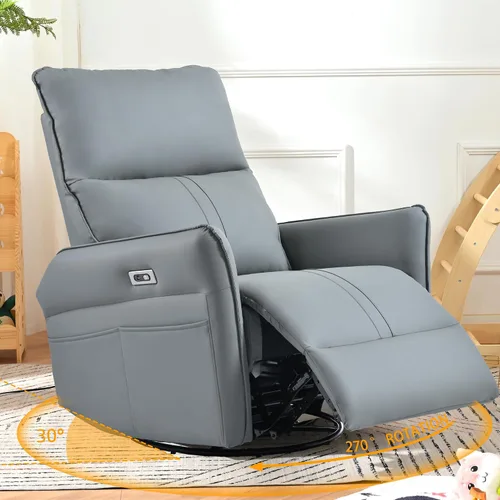 Miniatura 8 de Silla reclinable giratoria eléctrica para guardería, silla mecedora giratoria tapizada de 270° con puertos USB, reclinables pequeños para espacios