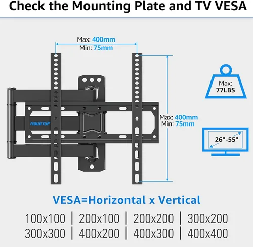 Miniatura 7 de MOUNTUP Soporte de pared para TV de movimiento completo para televisores de 26 a 55 pulgadas, soporte de pared de esquina con brazo articulado único