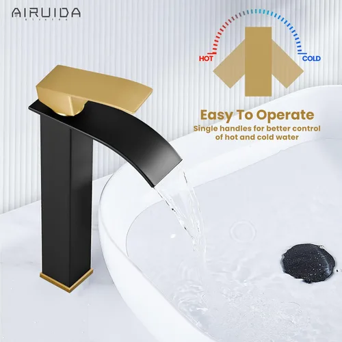 Miniatura 5 de Airuida - Grifo de cascada para baño, grifo de lavabo alto para mueble de baño, en negro mate y oro cepillado, moderno, con un solo agujero, manija