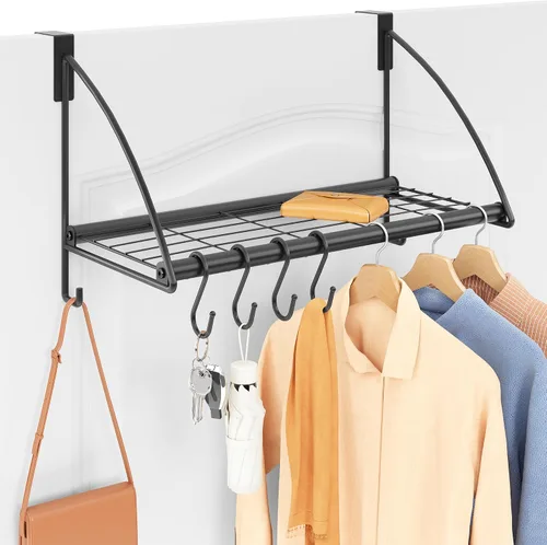 Tajsoon Percha para colgar sobre la puerta con estante de almacenamiento y 6 ganchos, perchero para colgar abrigos, perchero de puerta para baño,