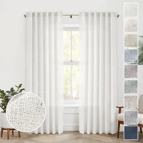 Miniatura 18 de Cortinas de lino 92 pulgadas de largo, juego de 2 paneles con bolsillo para barra, lengüeta trasera, cortinas transparentes para ventanas