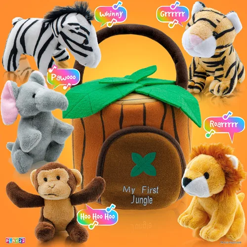 Miniatura 7 de Play22 Juego de 6 piezas de animales de la selva parlantes de felpa con transportador para niños, bebés y niños pequeños, elefante, tigre, león