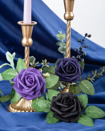 Miniatura 2 de DuHouse 25 rosas artificiales con tallos, flores de espuma de tacto real para bricolaje, ramo de boda, centro de mesa, arreglo floral de Halloween