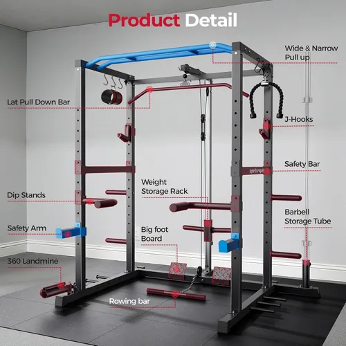 Miniatura 9 de Sportsroyals Jaula de Potencia, Rack de Potencia Multifuncional de 1600 libras con Sistema de Cruce de Cable Ajustable y Más Accesorios de Azul