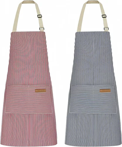 NLUS Paquete de 2 delantales de cocina de cocina, delantal de chef ajustable suave con 2 bolsillos para hombres y mujeres (rayas azules/rayas rosas)