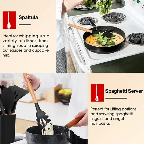 Miniatura 6 de E-far Juego de 6 utensilios de cocina de silicona con mango de madera, utensilios de cocina antiadherentes y resistentes al calor, incluye Negro