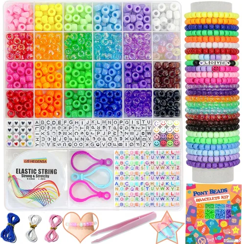 Miniatura 10 de LIS HEGENSA Kits de Abalorios de Manualidades DIY de 28 Colores Regalos para Niñas, 1200 PIEZAS Cuentas Pony Kits para Hacer Pulseras con Cuentas