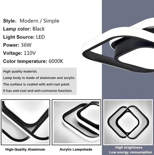 Miniatura 5 de Lámpara de techo moderna LED de montaje empotrado, lámpara de techo cuadrada de acrílico para sala de estar, comedor, estudio, villa, dormitorio