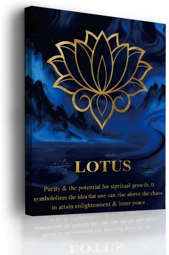 Arte de pared Zen azul y dorado para sala de estar, flor de loto abstracto, naturaleza, montaña, río, imagen, meditación, oficina, budismo