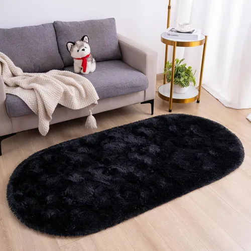 Miniatura 2 de Goideal - Alfombra esponjosa de dormitorio, alfombra pequeña ovalada, alfombra negra peluda para mesita de noche, ideal para habitación infantil
