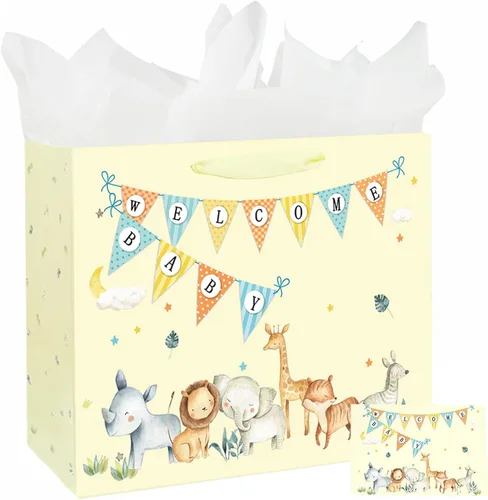 Miniatura 8 de Laidans Bolsa de regalo grande de 13" para bebé niño o niña para baby shower con papel de seda y tarjeta de felicitación (Azul)
