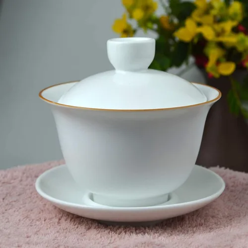 Miniatura 5 de Liang baobao Gaiwan - Taza de té de porcelana de 8 onzas, color blanco esmaltado con borde dorado, sopera china de gongfu, taza de té de gongfu