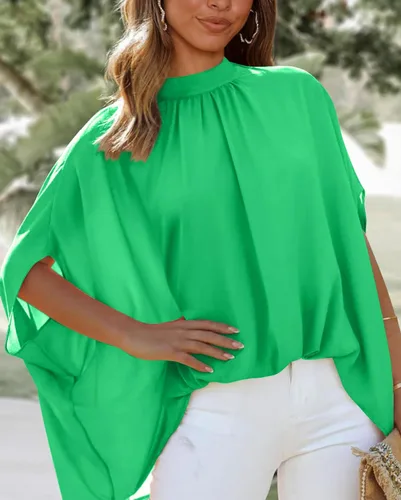 Miniatura 45 de BTFBM Blusas de verano para mujer, cuello alto falso, manga murciélago, holgadas, dobladillo alto y bajo, blusas informales de gran