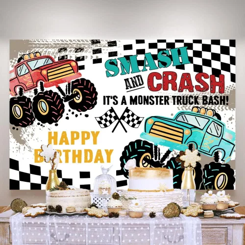 Miniatura 6 de Ticuenicoa Grave Digger - Fondo de cumpleaños de Monster Truck – Fondo de cabina de fotos con diseño de llama de 5 x 3 pies para niños, decoración