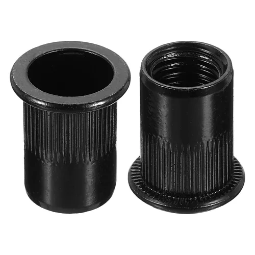 Miniatura 7 de uxcell Tuercas de remache M4 de acero al carbono chapadas en zinc moleteado cabeza plana roscada tuerca de inserción negra 20 piezas