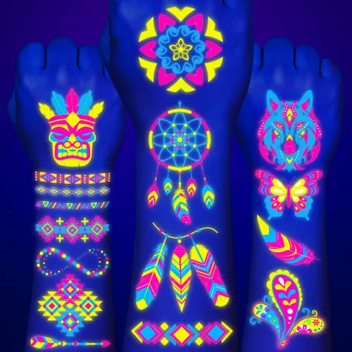 Miniatura 2 de 180 tatuajes temporales precortados tribales que brillan en la oscuridad para adolescentes y adultos Luz negra neón brillante UV para cumpleaños