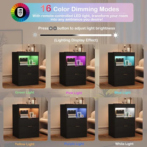 Miniatura 4 de Yusong Mesita de Noche, Mesa de Noche, Mesita LED con Estación de Carga, Mesita Moderna, Mesa de Sofá de Madera con 2 Estantes Deslizantes (Negro)