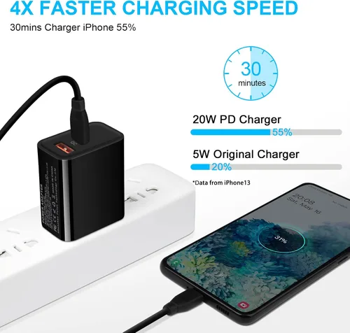 Miniatura 2 de Bloque de cargador USB C, cargador de pared PD de doble puerto de 20 W para iPhone 15 Pro Max/14/13/12/11/Pro/Max, adaptador de enchufe de pared