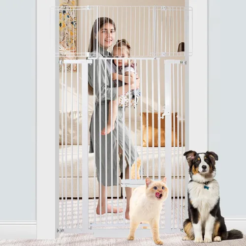 SHYUJAJIE Puerta extra alta para mascotas de 71 pulgadas con puerta pequeña para gatos, puerta ancha ajustable de 29.55 a 40.55 pulgadas, puertas