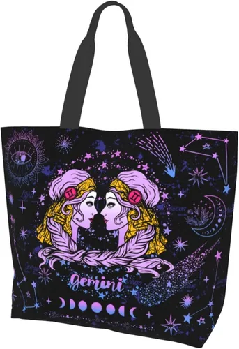 Miniatura 2 de JASUTOT Bolsa de mano de constelación de lona grande con signo del zodiaco, astrología, para gimnasio, playa, fin de semana, viajes, compras