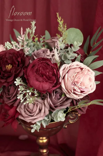 Miniatura 3 de Floroom - Flores artificiales de color burdeos y malva, rosas falsas de marsala, peonías y conjunto de caja de vegetación verde para ramos de boda