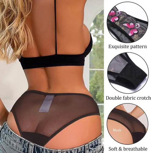 Miniatura 4 de Avidlove Bragas sexy para mujer, paquete de bragas de malla bordadas con mariposa