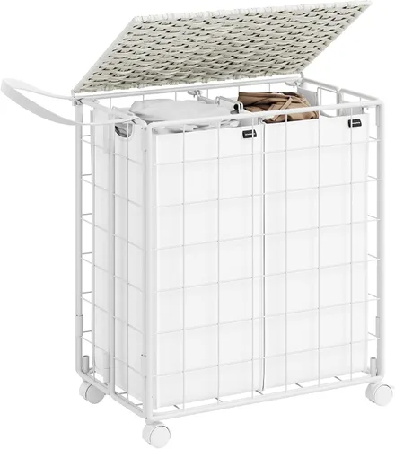 Miniatura 8 de SONGMICS Cesta de lavandería de 90 litros con tapa, cesta de ropa con ruedas, bolsa de forro extraíble plegable, clasificador de ropa hecho