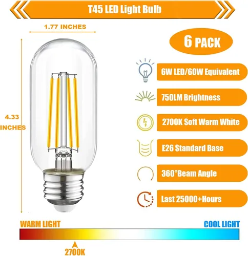 Miniatura 2 de Bombilla LED regulable T45 equivalente a 60 W, bombillas LED Edison vintage E26, bombilla decorativa tubular transparente, 2700 K, blanco suave, 750