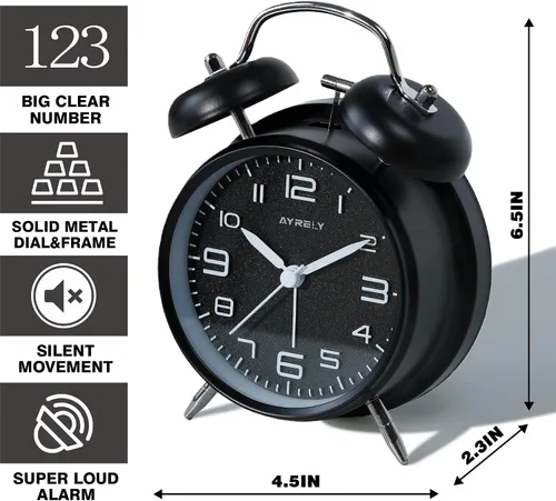 Miniatura 2 de AYRELY® Reloj despertador de campana doble súper fuerte para adultos de sueño pesado, 4 pulgadas, retro, silencioso, sin tictac, con luz nocturna
