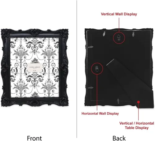 Miniatura 2 de Laura Ashley - Marco de 8 x 10 pulgadas negro con textura ornamentada hecho a mano de resina con caballete y gancho para mesa y pared, con diseño