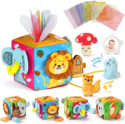 Miniatura 9 de URMYWO Caja de pañuelos de bebé juguete - Juguetes Montessori para bebés de 6-12 meses 1 año niño niña - Juguetes sensoriales suaves crujientes