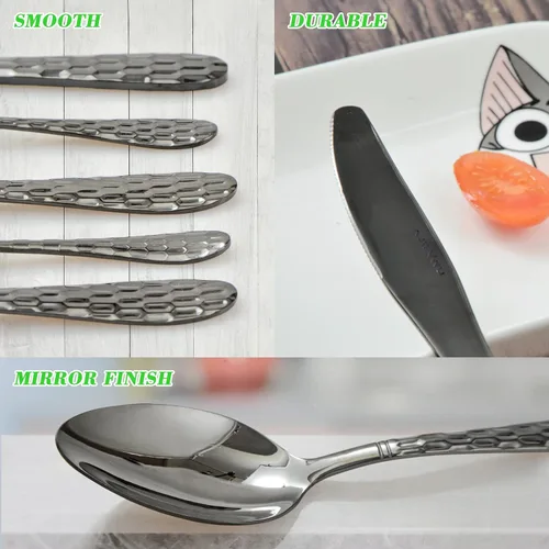 Miniatura 5 de Juego de cubiertos negros de 40 piezas para 8, cubiertos de acero inoxidable 18/10 para 8, elegante diseño de panal de abeja, incluye cuchillo