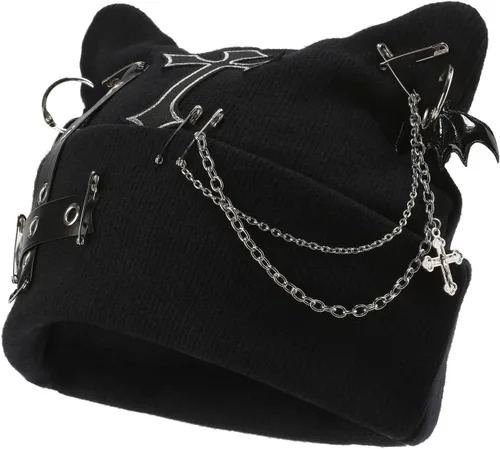 Gorro de gato Y2K, gorro de punto Grunge Punk, accesorios góticos, lindos gorros para mujer, color negro, Negro -