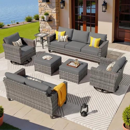 Miniatura 18 de ovios Juego de muebles de patio de 8 piezas, sofá de mimbre para exteriores con sillas giratorias, mecedora con cojines cómodos, juego de Beige